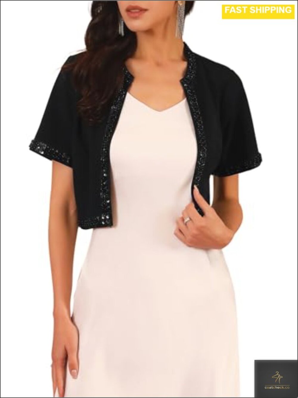 Beaded Sequin Bolero Shrug Rhinestone Open Front Crop Cardigan